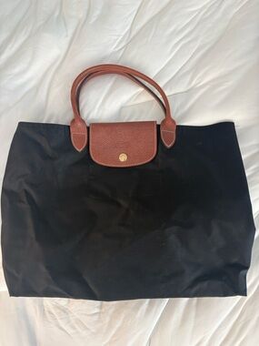 Longchamp Style Medium Black Tote with Brown Trim